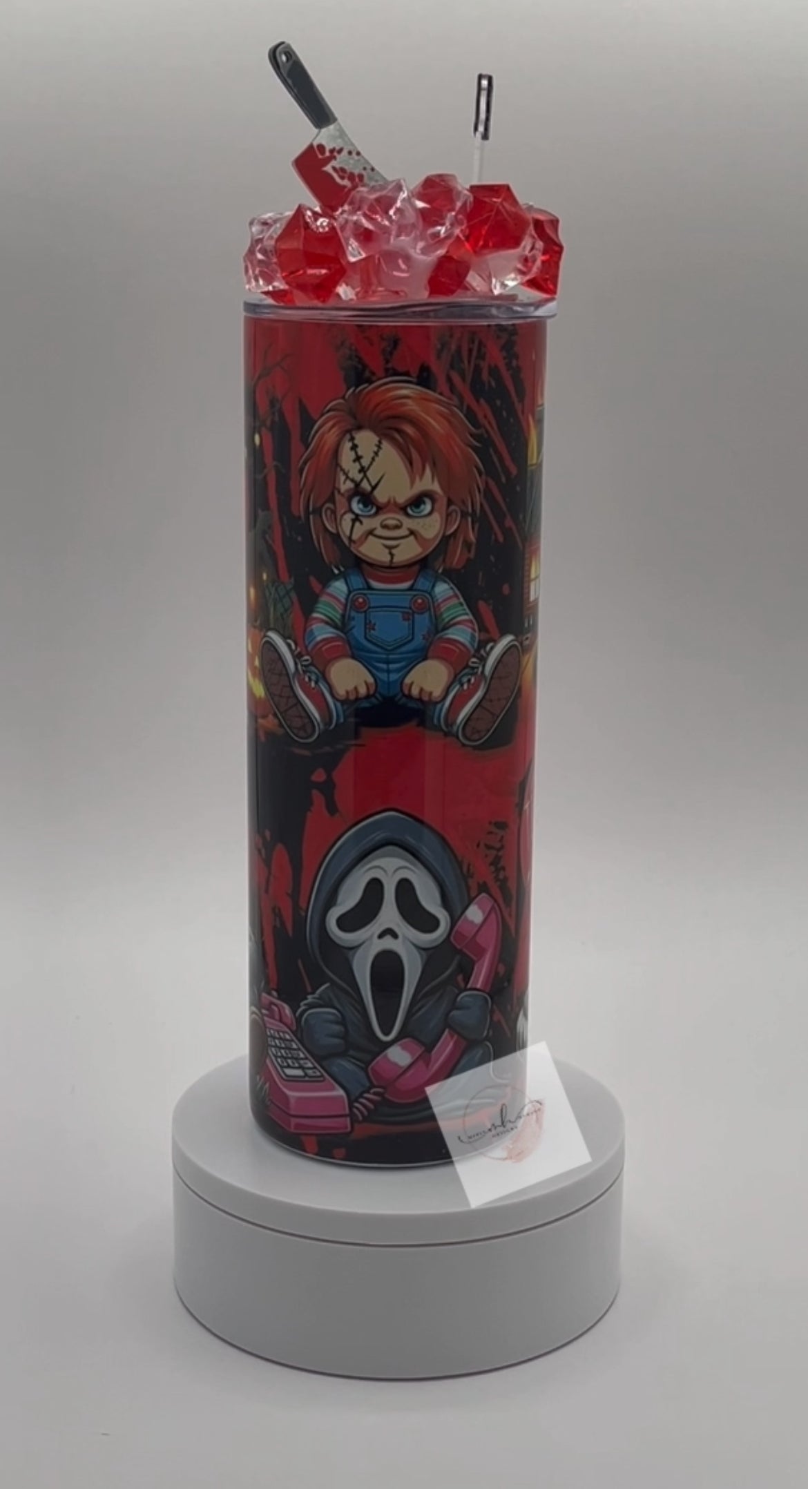 Tumbler- 20oz. Halloween Characters w/ 3D Knife Iced Lid!