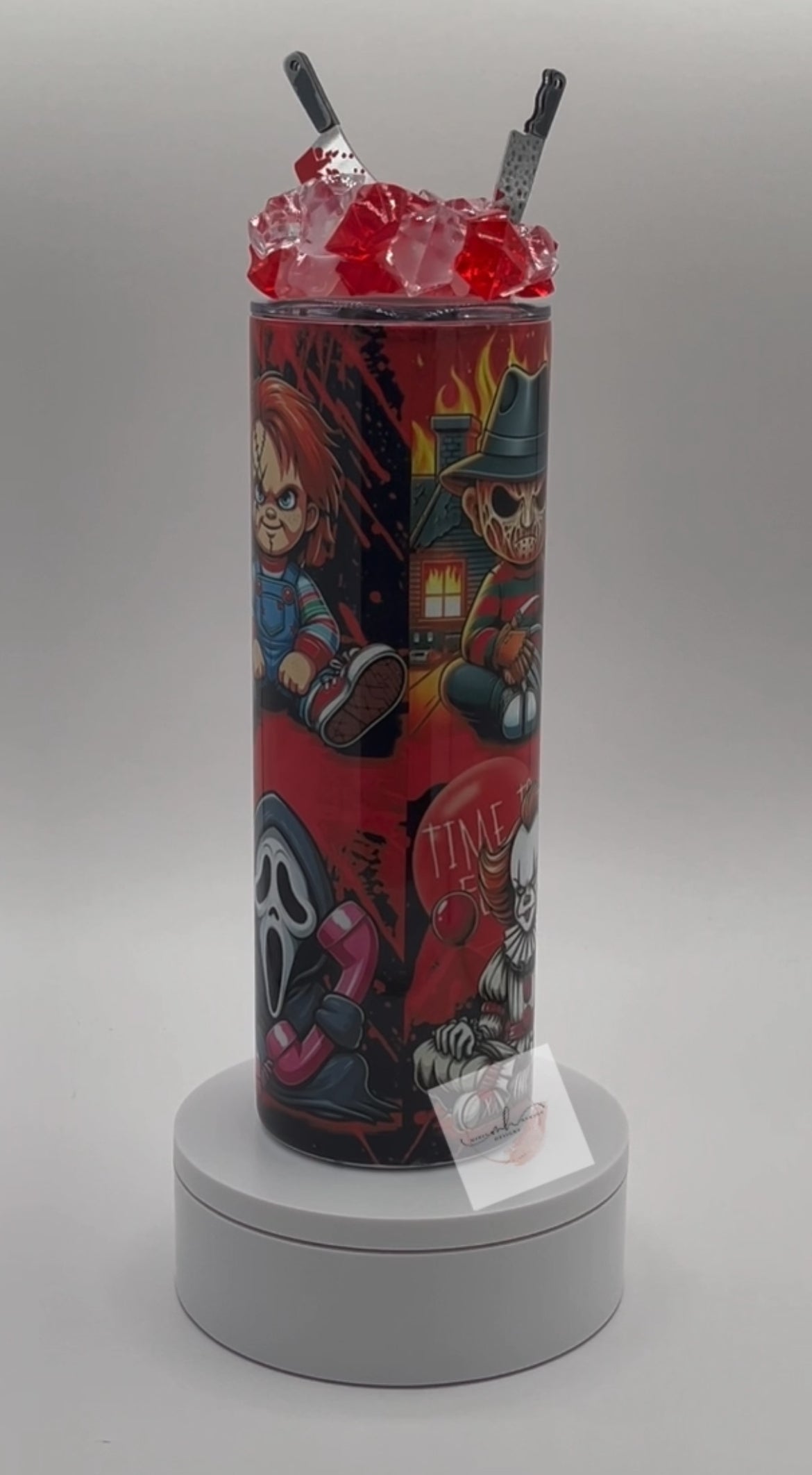 Tumbler- 20oz. Halloween Characters w/ 3D Knife Iced Lid!