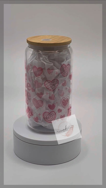 Glass 16oz. Tumbler- Pink Hearts "Be Mine"