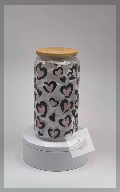 Glass 16oz. Tumbler- Pink & Black Hearts